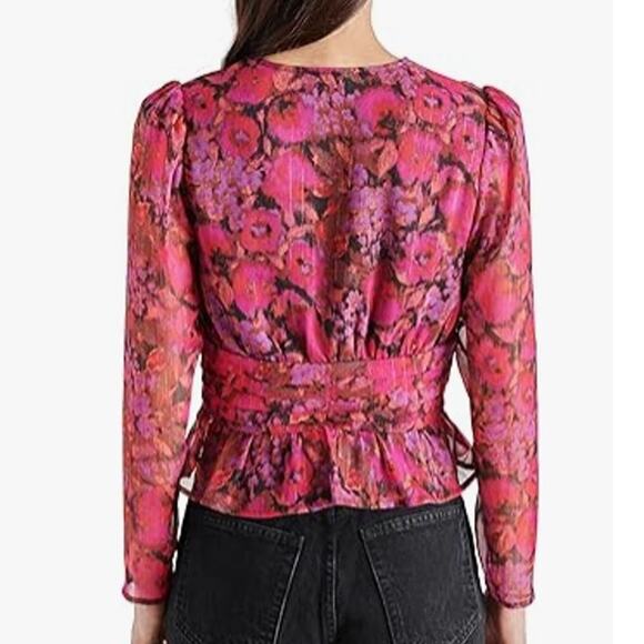 NWT Steve Madden Top Womens Size Medium Azura Sheer Fuchsia V Neck Long Sleeve - Picture 2 of 16